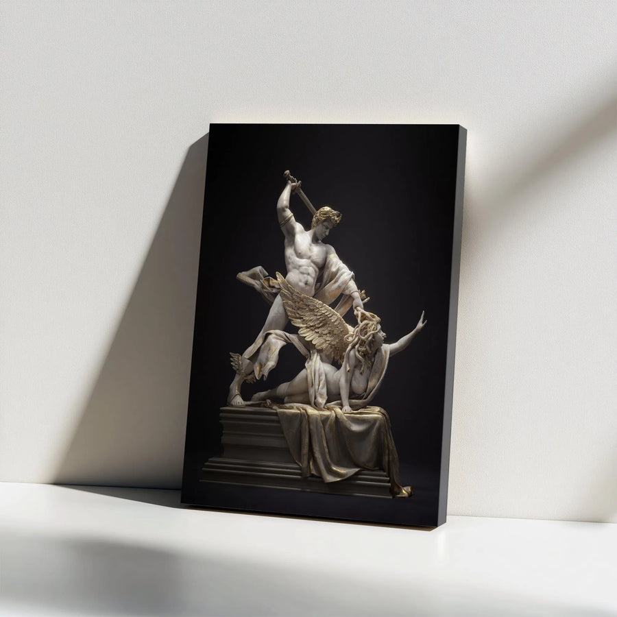 Perseus Slaying Medusa Canvas Art | Greek Mythology Marble & Gold Statue Print | Premium Gallery Wrap Decor | Mythological Wall Art Gift