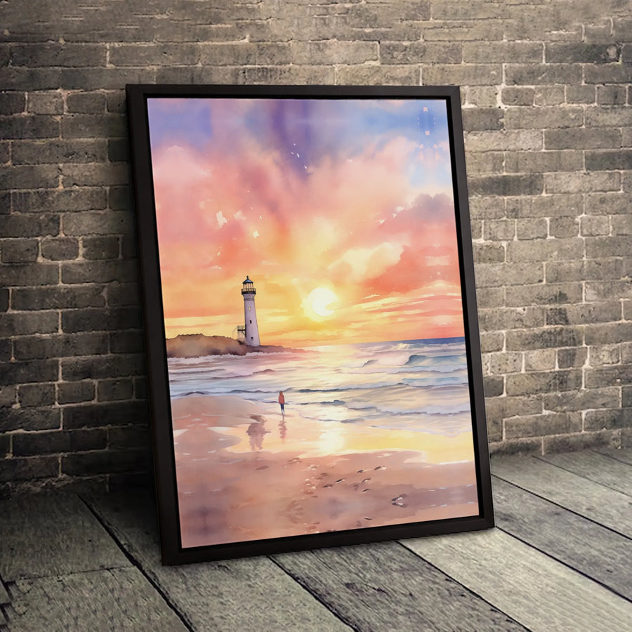 Lighthouse Canvas Wall Art | Coastal Sunset Watercolor Landscape | Premium 1.25" Gallery Wrap | Serene Beach Decor for Living Room