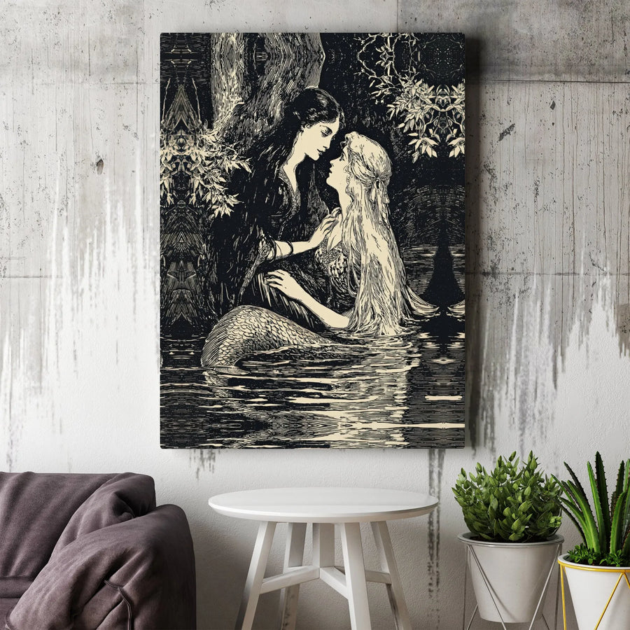 Mermaid and Woman Romantic Embrace Wall Art | Vintage Victorian Illustration Style | Premium 1.25" Gallery Canvas | Romantic Gothic Home Decor Gift