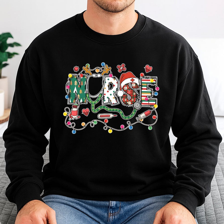 Christmas Nurse Sweatshirt | Holiday Plaid Stethoscope Design | Cotton Blend Premium Crewneck | Festive Medical Gift for Nurses