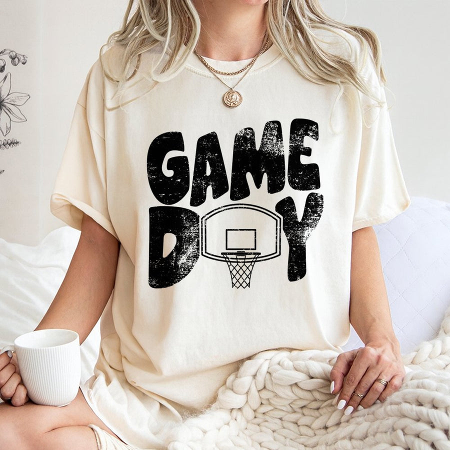 Game Day Basketball T-Shirt | Distressed Graphic Hoop Design | Premium Soft Cotton Tee | Sporty Gift for Basketball Moms, Players, and Fans