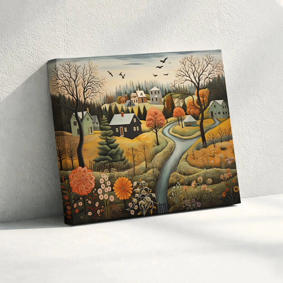 Folk Art Autumn Village Canvas Print | Pastoral Countryside Landscape Wall Art | Premium Gallery-Wrapped 1.25" Profile | Seasonal Home Decor Gift