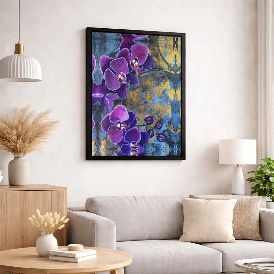Purple Orchid Canvas Wall Art | Abstract Blue and Gold Floral Print | Premium Gallery Wrapped Decor | Modern Botanical Home Gift