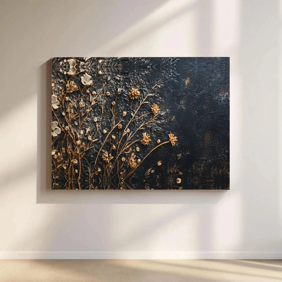 Gilded Floral Canvas Wall Art | Golden Dried Flowers on Textured Black Background | Premium Gallery Wrap Print | Modern Luxury Home Decor