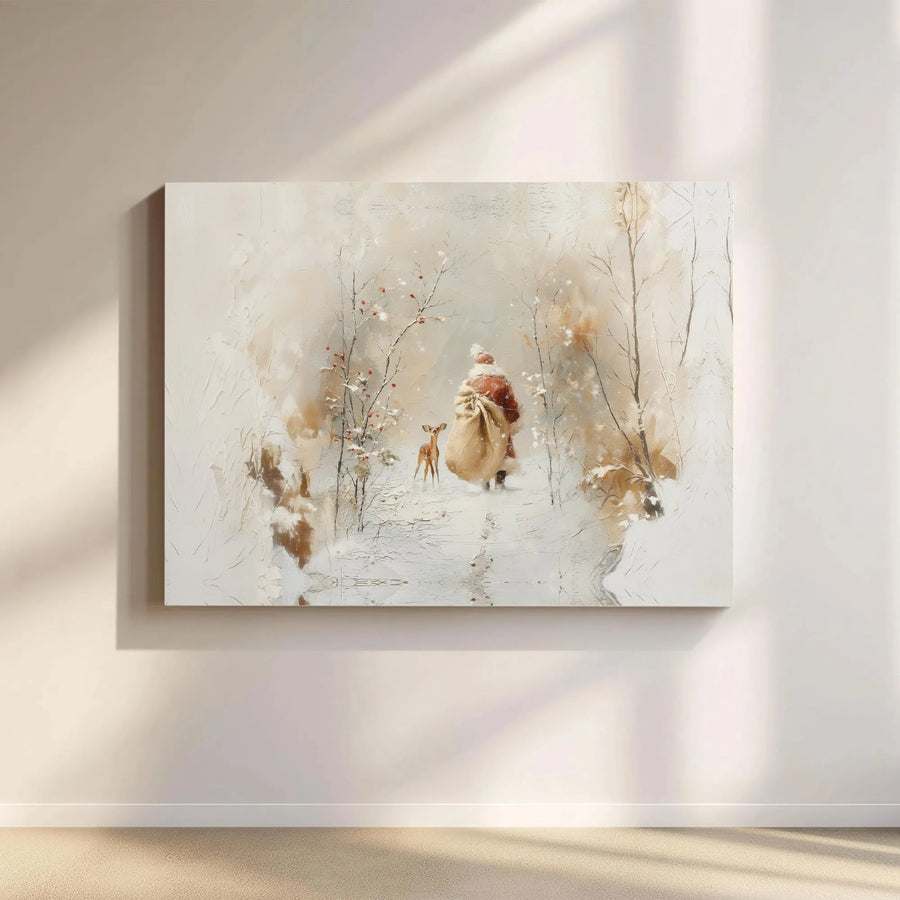 Santa Claus and Reindeer Canvas Art | Whimsical Snowy Forest Christmas Decor | Gallery Quality Premium Print | Festive Holiday Wall Art Gift
