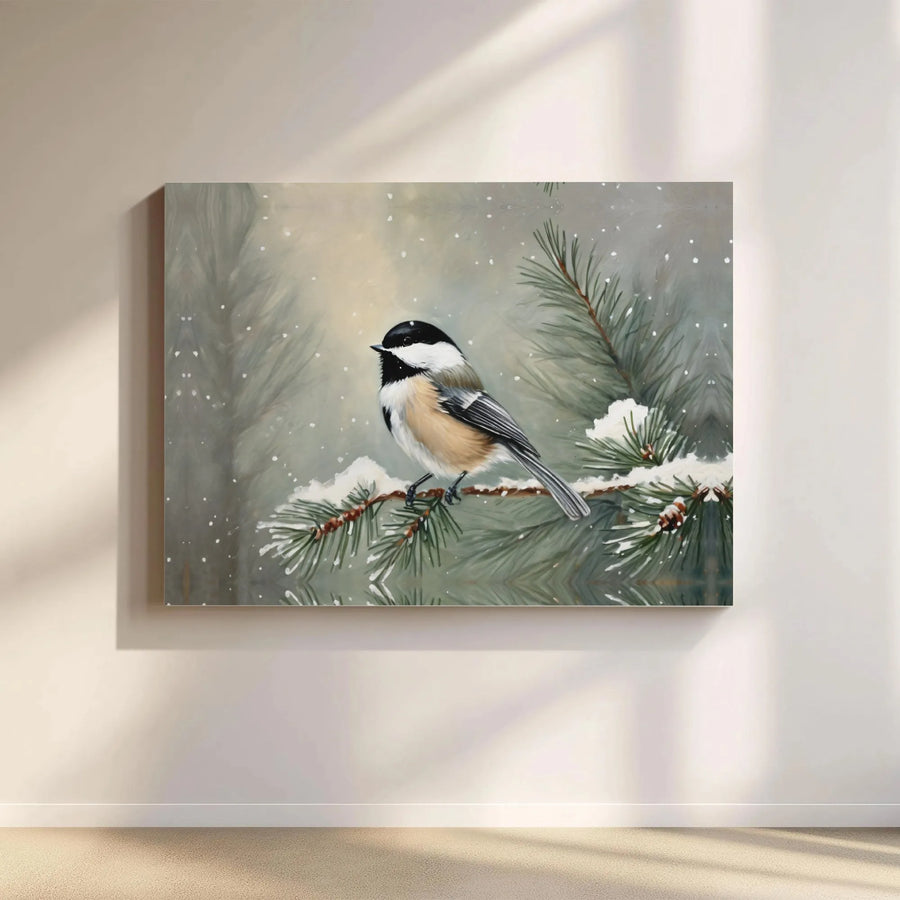 Chickadee Winter Canvas Print | Snowy Pine Branch Wall Art | Gallery Wrapped Premium Decor | Nature Lover Holiday Gift