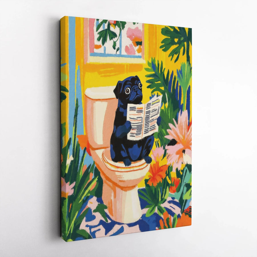 Black Pug Reading Newspaper on Toilet Canvas | Funny Bathroom Wall Art | Premium Gallery Wrapped Print | Quirky Dog Lover Home Decor Gift