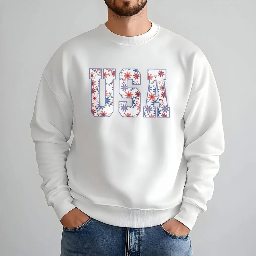 Patriotic USA Sweatshirt | Red White and Blue Floral Print | Soft Unisex Hoodie | 4th of July Independence Day Gift