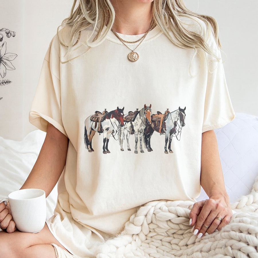 Western Horse T-Shirt | Saddle Ranch Graphic Design | 100% Cotton Premium Tee | Cowgirl Aesthetic Apparel for Horse Lovers & Rodeo Fans
