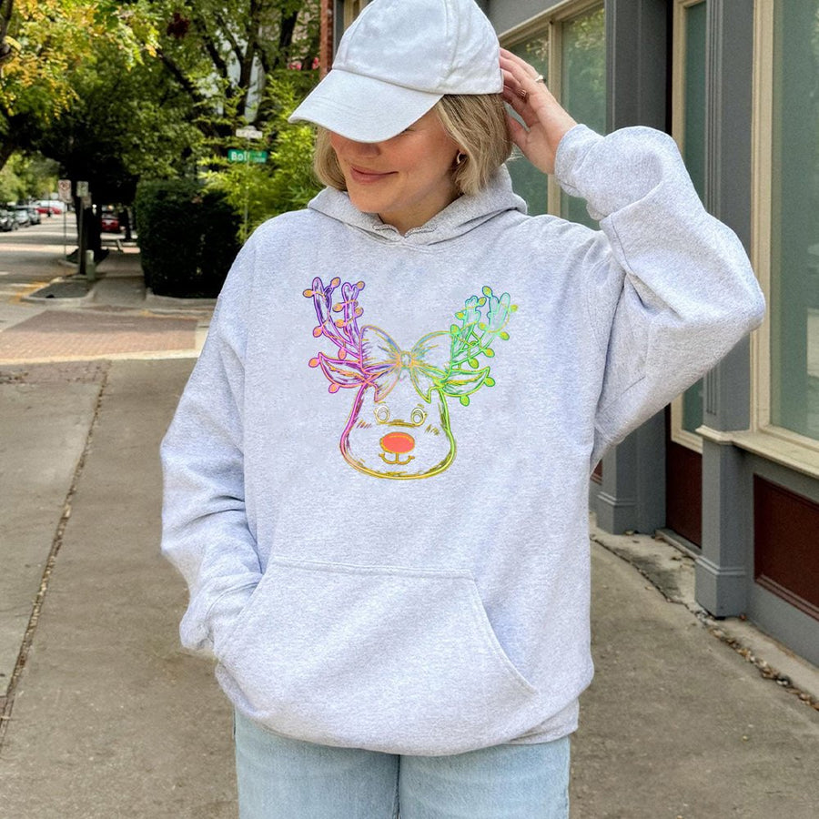 Cute Reindeer Christmas Hoodie | Neon Coquette Bow Holiday Graphic | Premium Cotton Blend | Unisex Festive Gift for Women and Teens