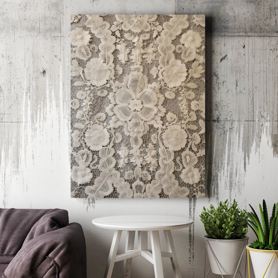 Vintage Floral Lace Canvas Wall Art | Cream Botanical Texture Print | Premium Gallery Wrap Decor | Elegant Home and Office Wall Decor