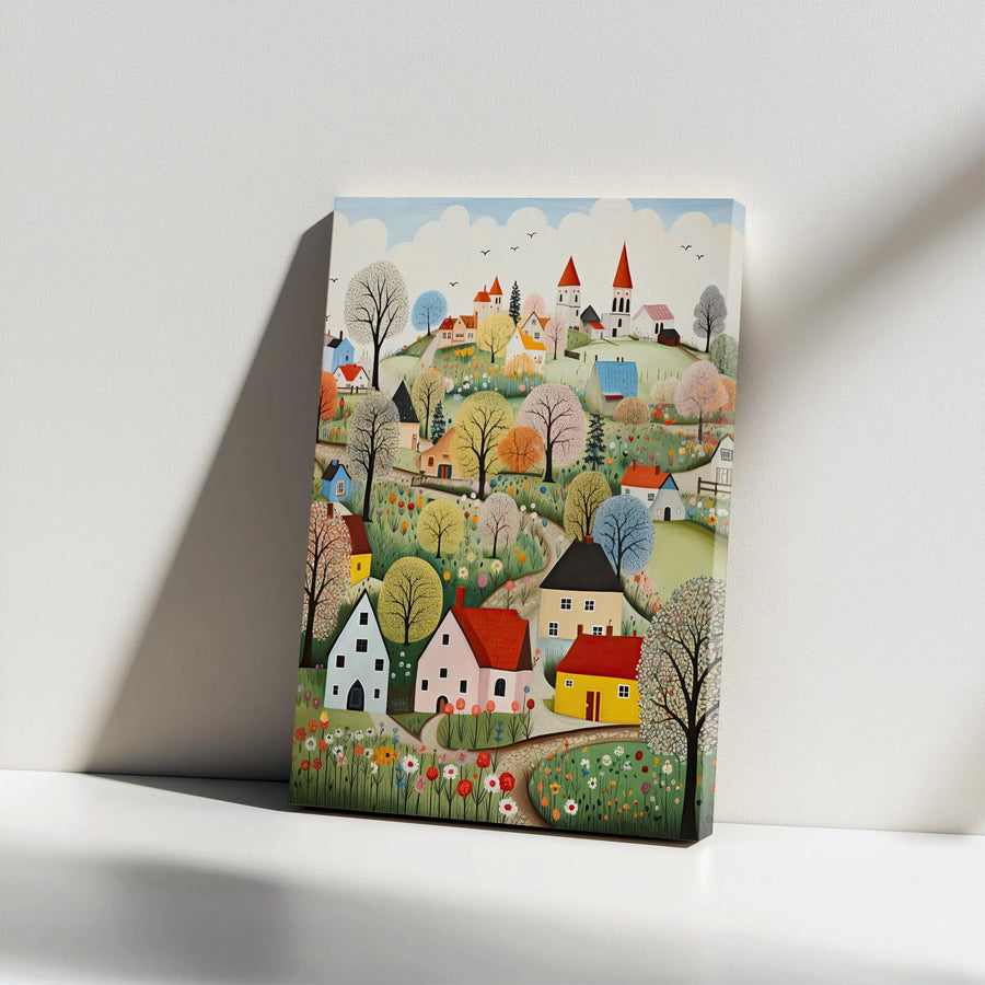 Whimsical Village Canvas Print | Colorful Folk Art Landscape | Premium Wall Art | Modern Home & Living Room Decor Gift