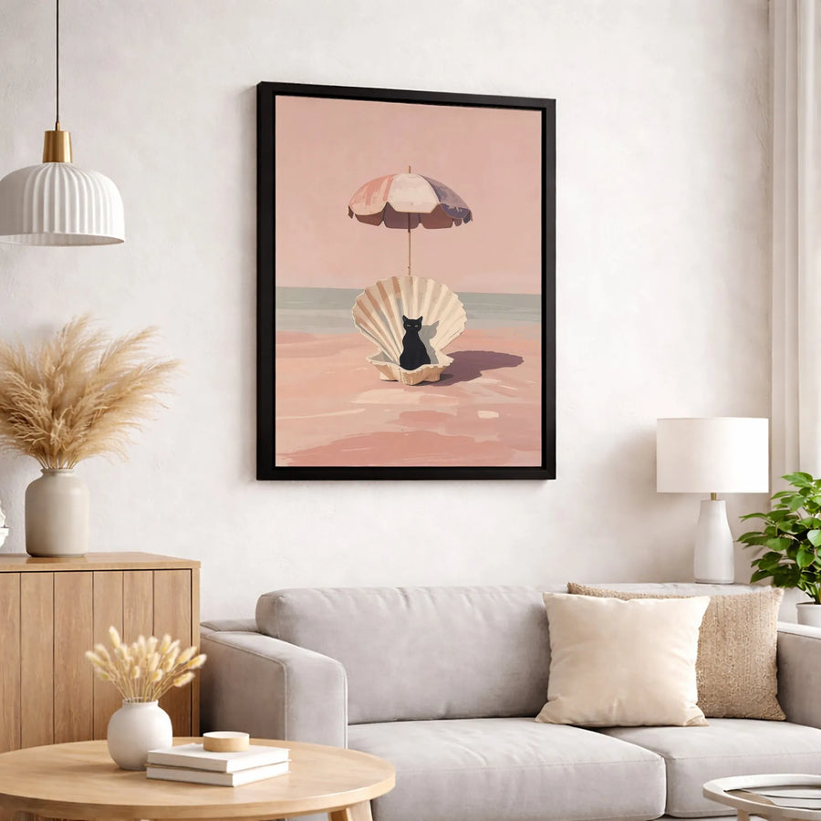 Black Cat Wall Art | Surreal Seashell Beach Illustration | 1.25-Inch Premium Gallery Canvas | Unique Coastal Home Decor Gift for Cat Lovers