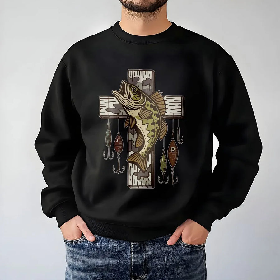 Fishing Cross Sweatshirt | Bass Fish Rustic Wood Design with Lures | Premium Cotton Blend Crewneck | Christian Fisherman Gift for Men Women