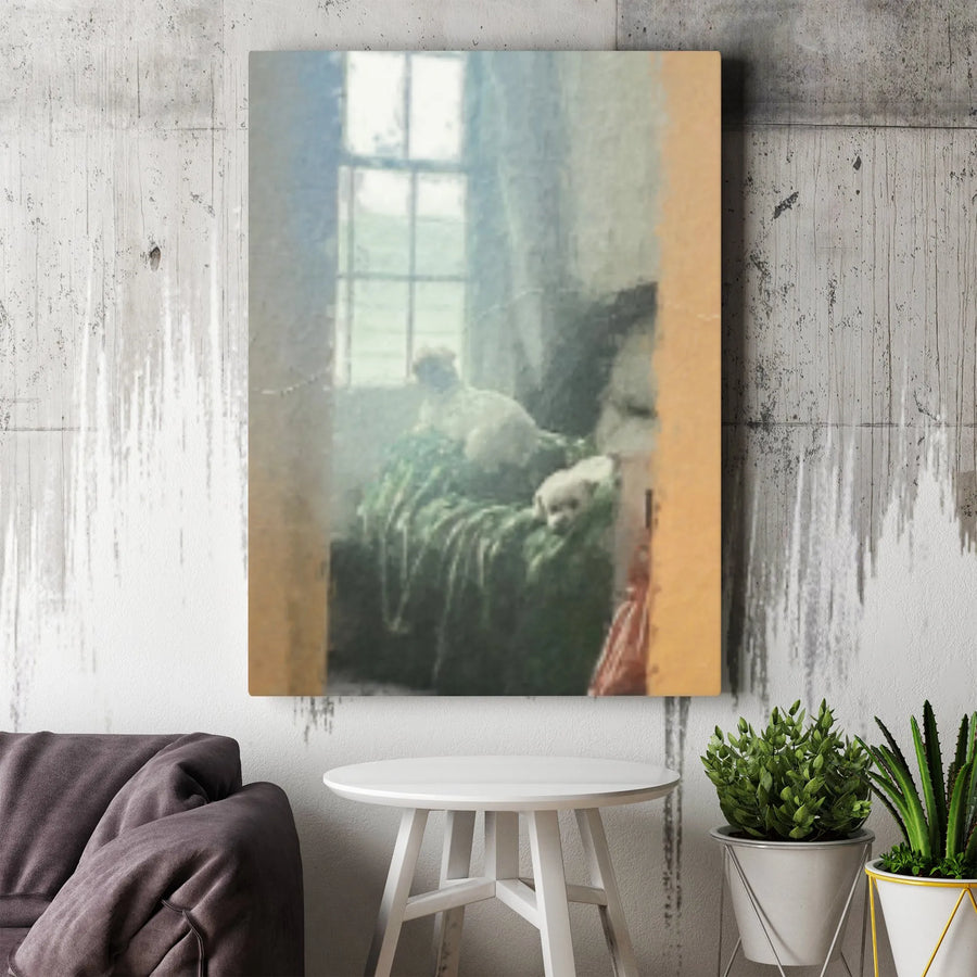 Dog Wall Art Canvas | Impressionist White Dogs on Green Blanket | Gallery Wrapped Premium Decor | Cozy Home and Pet Lover Gift