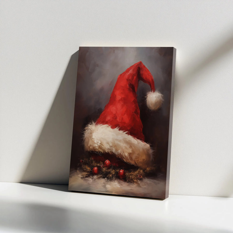 Santa Hat Canvas Wall Art | Impressionist Oil Painting Style | Premium 1.25 inch Gallery Wrap | Rustic Christmas Home Decor Gift