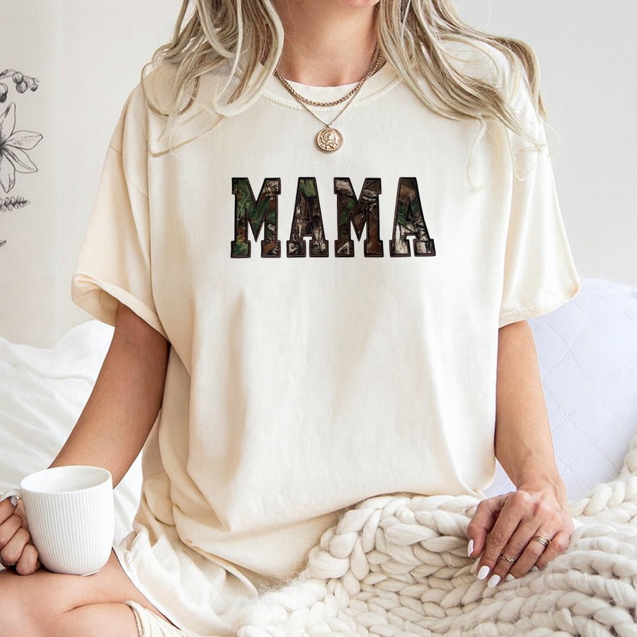 Camo Mama T-Shirt | Woodland Camouflage Graphic Print | 100% Premium Cotton Tee | Gift for Mom, Country Style Mother's Day 2026 Shirt
