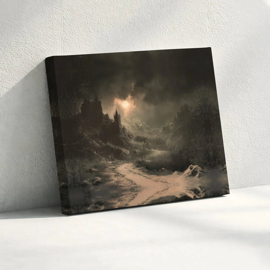 Gothic Castle Canvas Wall Art | Snowy Mountain Moonlight Landscape | Gallery Quality Fade-Resistant Print | Moody Dark Fantasy Home Decor