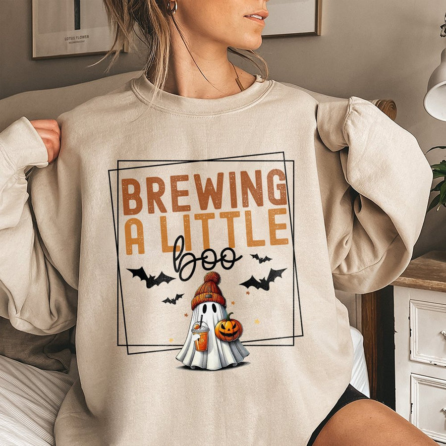 Brewing A Little Boo Sweatshirt | Cute Ghost Pumpkin Coffee Halloween Design | Premium Cotton Blend | Gift For Mom Maternity Fall Shirt