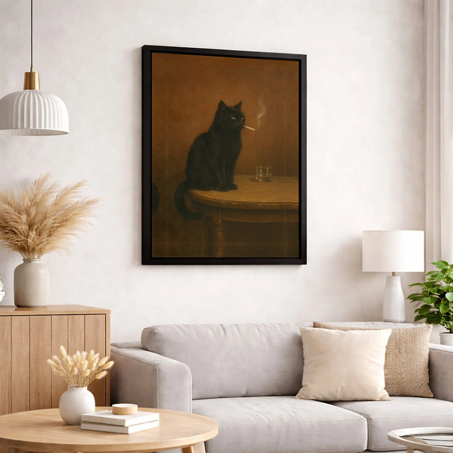 Black Cat Smoking Cigarette Canvas Wall Art | Moody Whiskey Bar Decor | Gallery Quality 1.25" Profile | Unique Gift for Cat Lovers