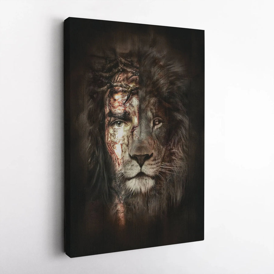 Lion of Judah Jesus Canvas Art | Half-Face Lion Crown of Thorns Portrait | Gallery-Wrapped Premium Wall Decor | Christian Faith Gift for Home Office