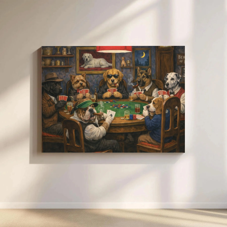 Dogs Playing Poker Canvas Wall Art | Funny Animal Poker Night Painting | Premium Gallery Wrapped Canvas | Man Cave Decor Gift for Dad
