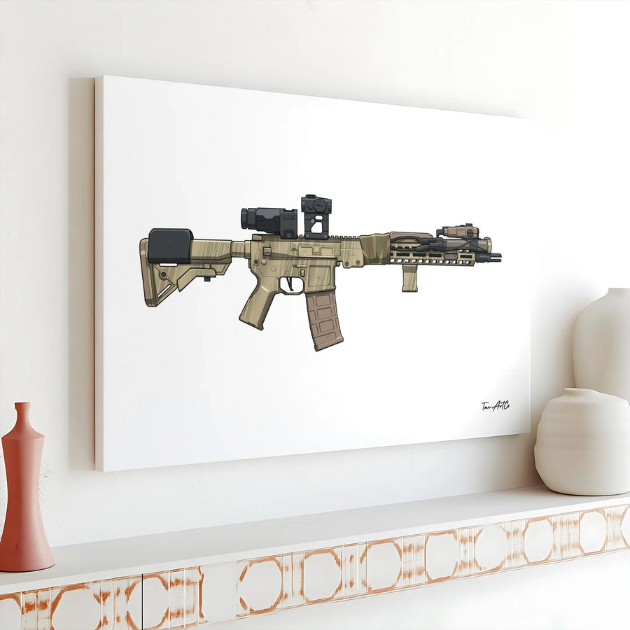 Assault Rifle Canvas Print | Detailed Tactical Rifle Illustration | Premium Gallery Wrapped Canvas | Collector's Gift for Gun Enthusiast Man Cave Decor
