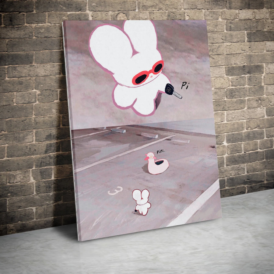 Cute Bunny Vertical Canvas | Surreal Parking Lot Art with Red Sunglasses | Premium Thick Gallery Wrap Canvas | Modern Home & Office Decor Gift