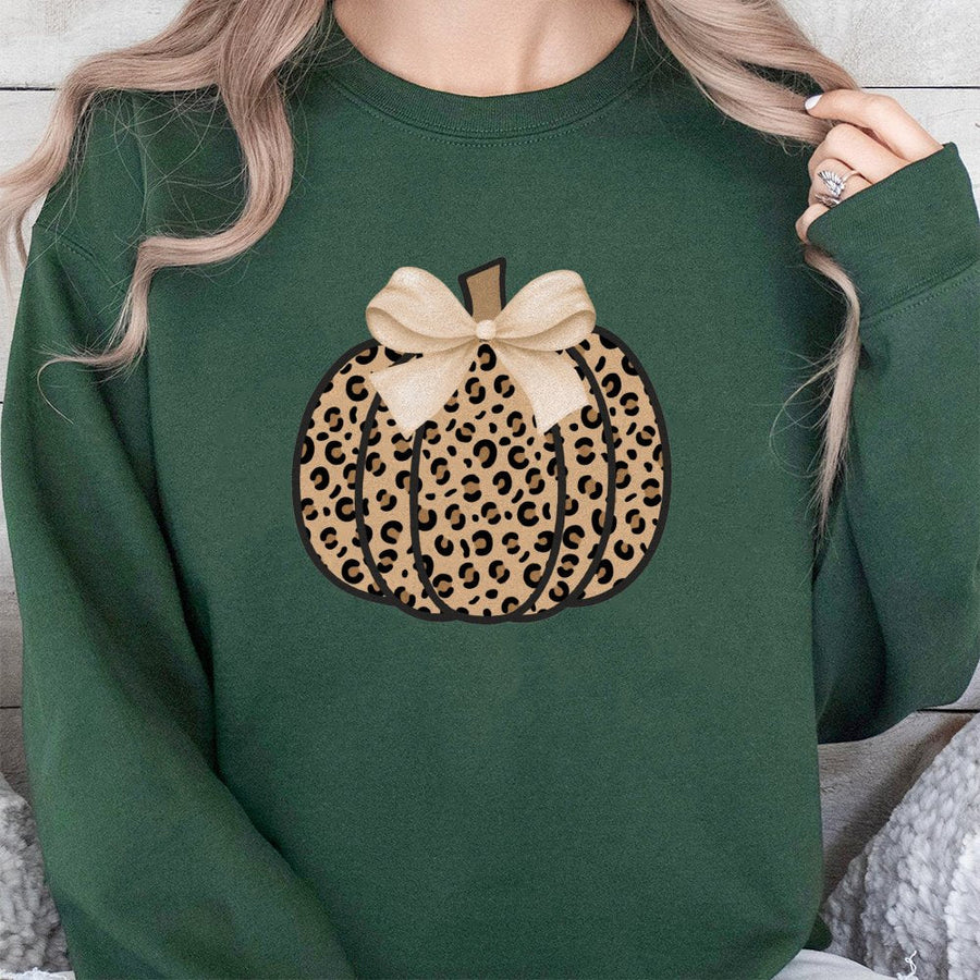 Leopard Pumpkin Sweatshirt | Coquette Aesthetic Bow Design | Soft Cotton Blend Crewneck | Cute Fall Gift for Women