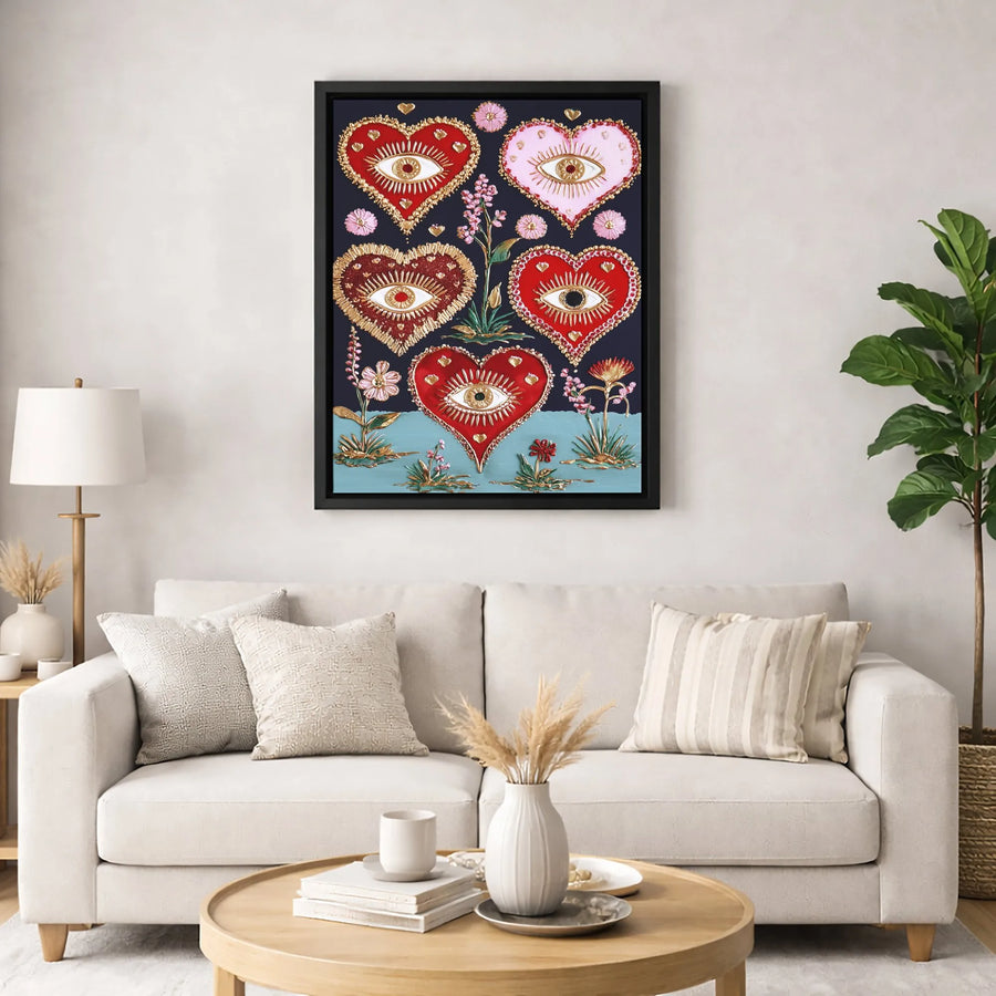 Mystical Evil Eye Heart Canvas Art | Surreal Floral Boho Wall Decor | Premium Gallery Wrap Print | Spiritual Aesthetic Gift for Her