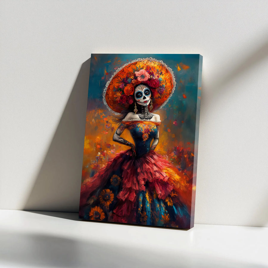 Day Of The Dead Canvas Art | La Catrina Floral Portrait | Premium Gallery Wrap Wall Decor | Mexican Folk Art Gift For Home Office