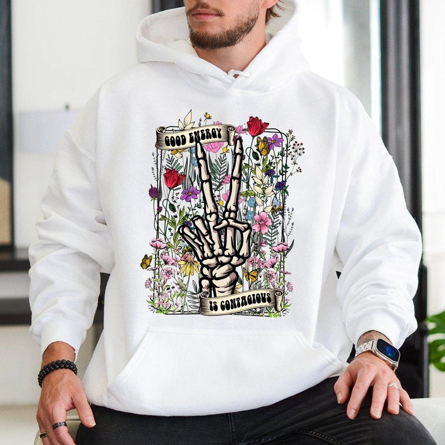 Good Energy Hoodie | Skeleton Peace Sign Floral Graphic | Soft Cotton Blend Streetwear | Positive Vibes Gift for Women & Men