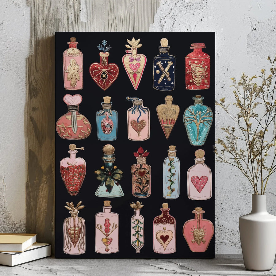 Mystical Potion Bottles Canvas Wall Art | Witchy Alchemy Decor | Premium Stretched Gallery Wrap | Gothic Romantic Gift for Her