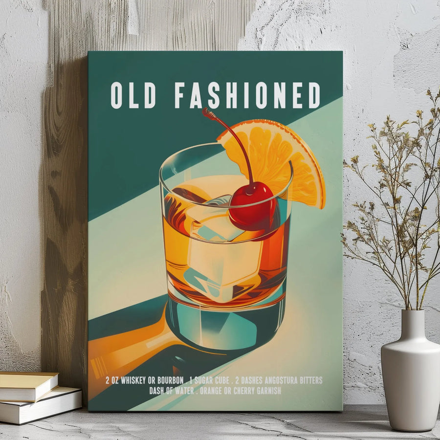Old Fashioned Cocktail Canvas Print | Recipe Wall Art Decor | Premium Gallery Wrap | Bar Cart Gift for Whiskey Lovers