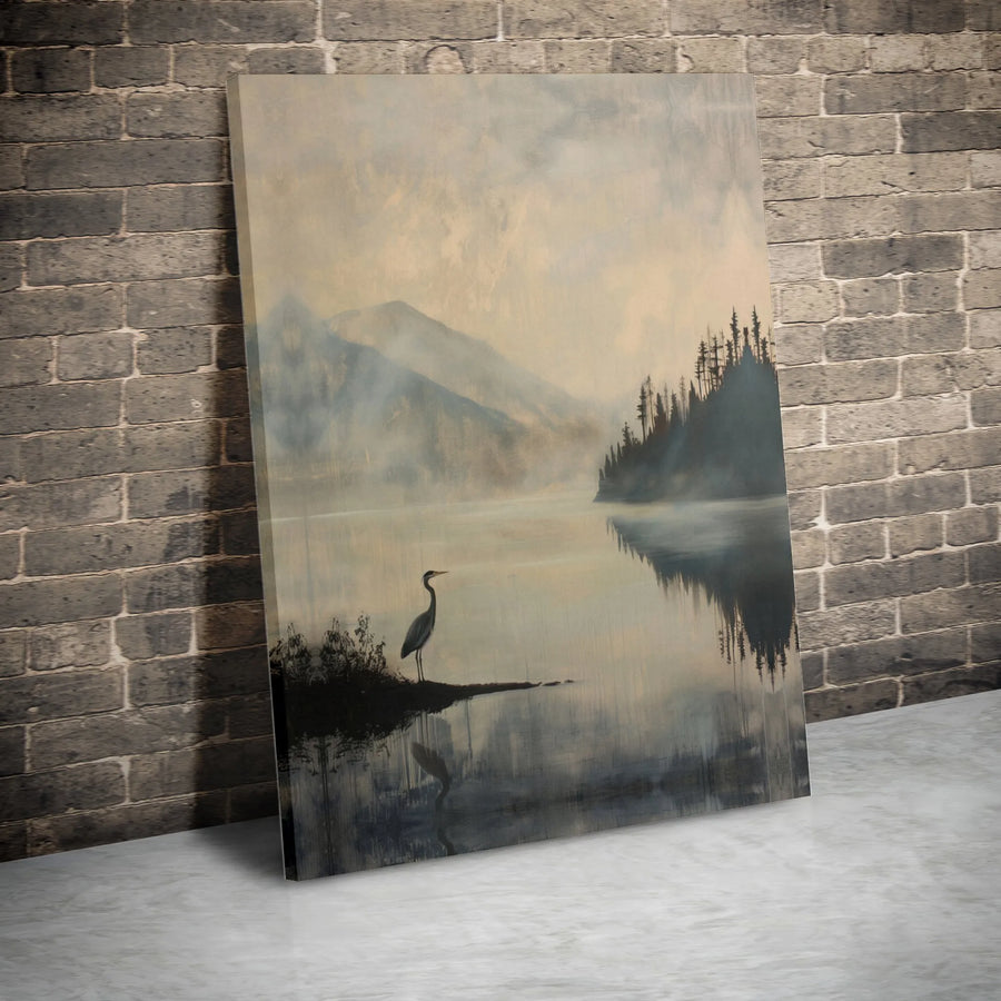 Misty Lake Landscape Canvas Print | Heron Wildlife Wall Art | Premium Gallery Wrap Decor | Nature Lover Living Room Gift