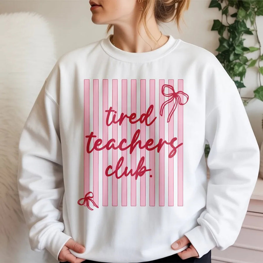 Tired Teachers Club Sweatshirt | Retro Striped Preppy Graphic | Soft Cotton Blend Sweatshirt | Funny Appreciation Gift for Teachers