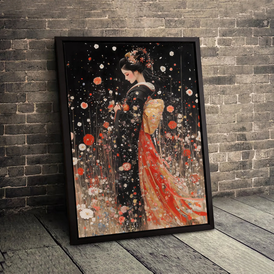Japanese Geisha Wall Art | Elegant Kimono Woman Amidst Wildflowers | Premium Gallery-Wrapped Canvas Print | Sophisticated Home Decor Gift