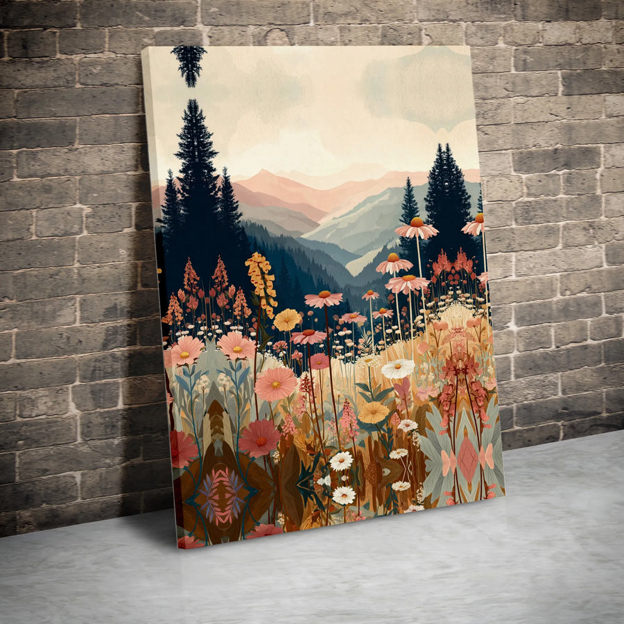 Retro Wildflower Mountain Landscape Vertical Canvas | Botanical Meadow Art Print with Pine Trees | 1.25 Inch Stretched Gallery Wrap | Nature Lover Gift, Aesthetic Wall Decor