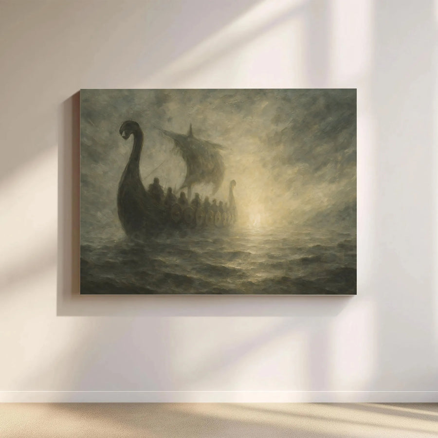 Viking Longship Wall Art | Moody Stormy Ocean Canvas Print | Premium Gallery-Wrapped Decor | Historic Norse Mythology Gift for Men