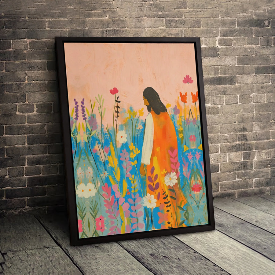 Jesus In Wildflower Field Canvas Print | Abstract Christian Wall Art | Premium Gallery-Wrapped Decor | Religious Home Gift for Believers