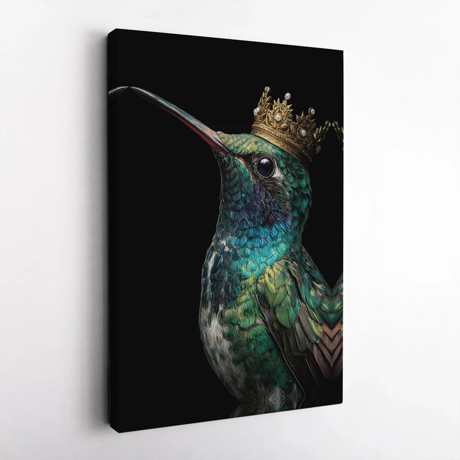 Royal Hummingbird King Vertical Canvas Wall Art | Golden Crown Teal Bird Portrait | Premium 1.25" Frameless Gallery Wrap | Unique Gift for Bird Lovers