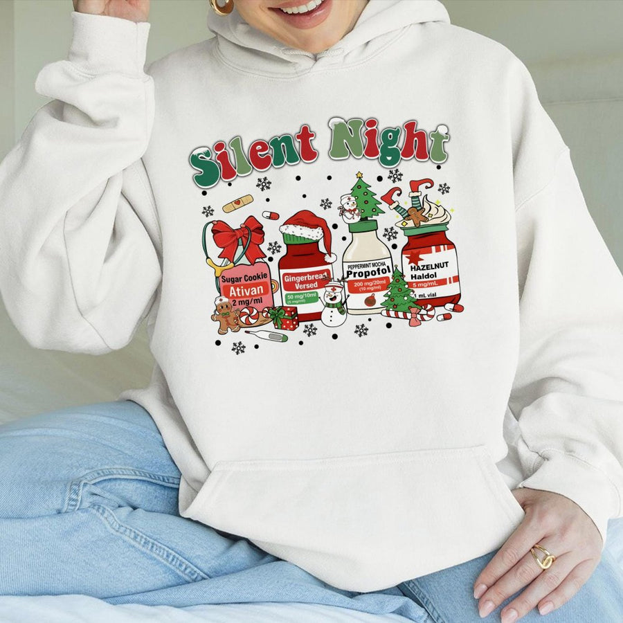Silent Night Nurse Hoodie | Funny Medical Christmas Medicine Theme | Premium Cotton Blend | Gift for ICU Nurses, Doctors, and Healthcare Workers