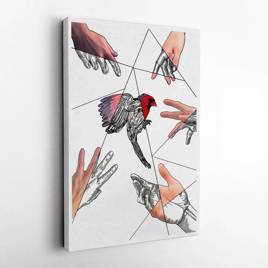 Red Cardinal Canvas Print | Abstract Geometric Bird and Hand Art | Premium Thick Gallery Wrap | Modern Wall Decor Gift for Art Lovers