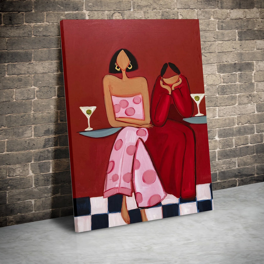 Abstract Women Canvas Wall Art | Modern Two Women with Martinis Print | Premium Gallery Wrapped Canvas | Chic Bar Cart & Living Room Decor Gift
