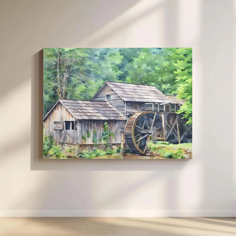 Old Watermill Canvas Wall Art | Rustic Forest Landscape Painting | Premium Gallery Wrap Print | Nature Decor Gift for Home Office