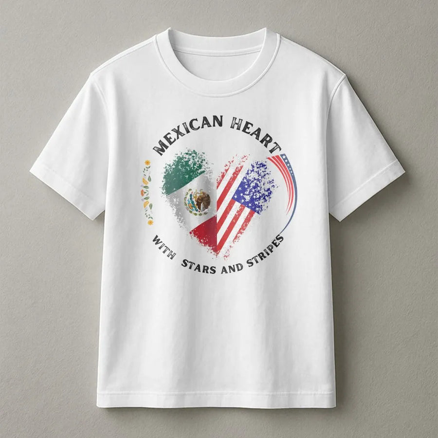 Mexican American Heart T-Shirt | Dual Flag Pride Design | Premium Soft Cotton Tee | Heritage Gift for Mexican Heritage and USA Roots