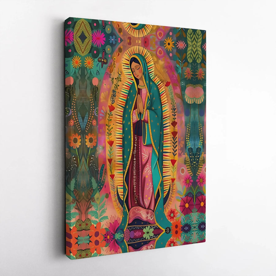 Our Lady Of Guadalupe Canvas Print | Vibrant Mexican Folk Art Floral Decor | Premium Gallery Wrap Wall Art | Catholic Religious Gift For Home