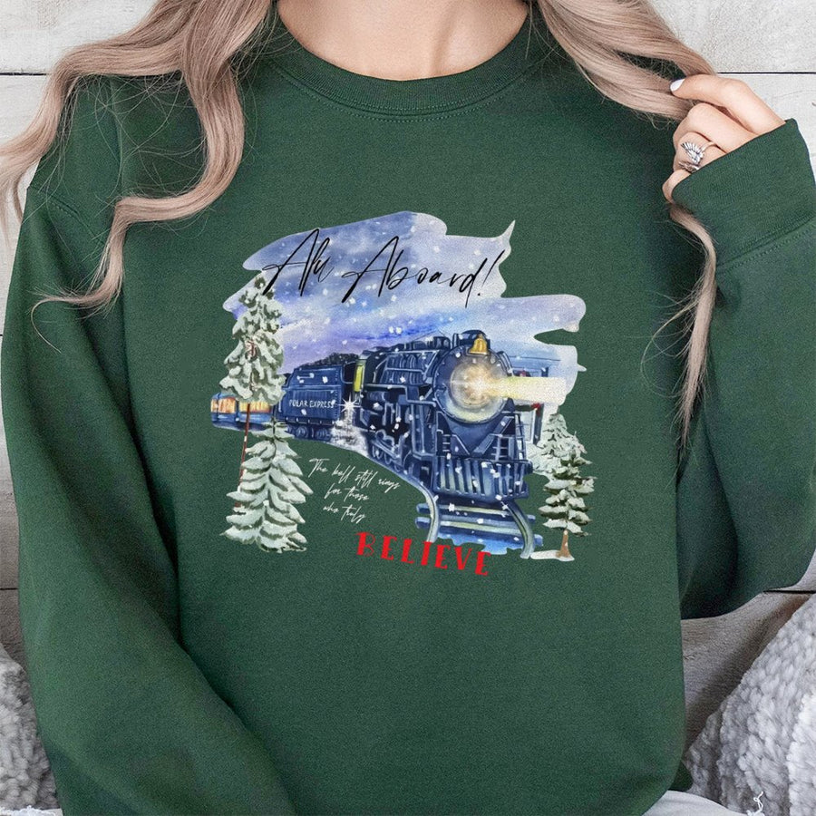 Christmas Train Sweatshirt | Believe Winter Locomotive Graphic | Soft Cotton Blend Crewneck | Holiday Movie Gift For Family
