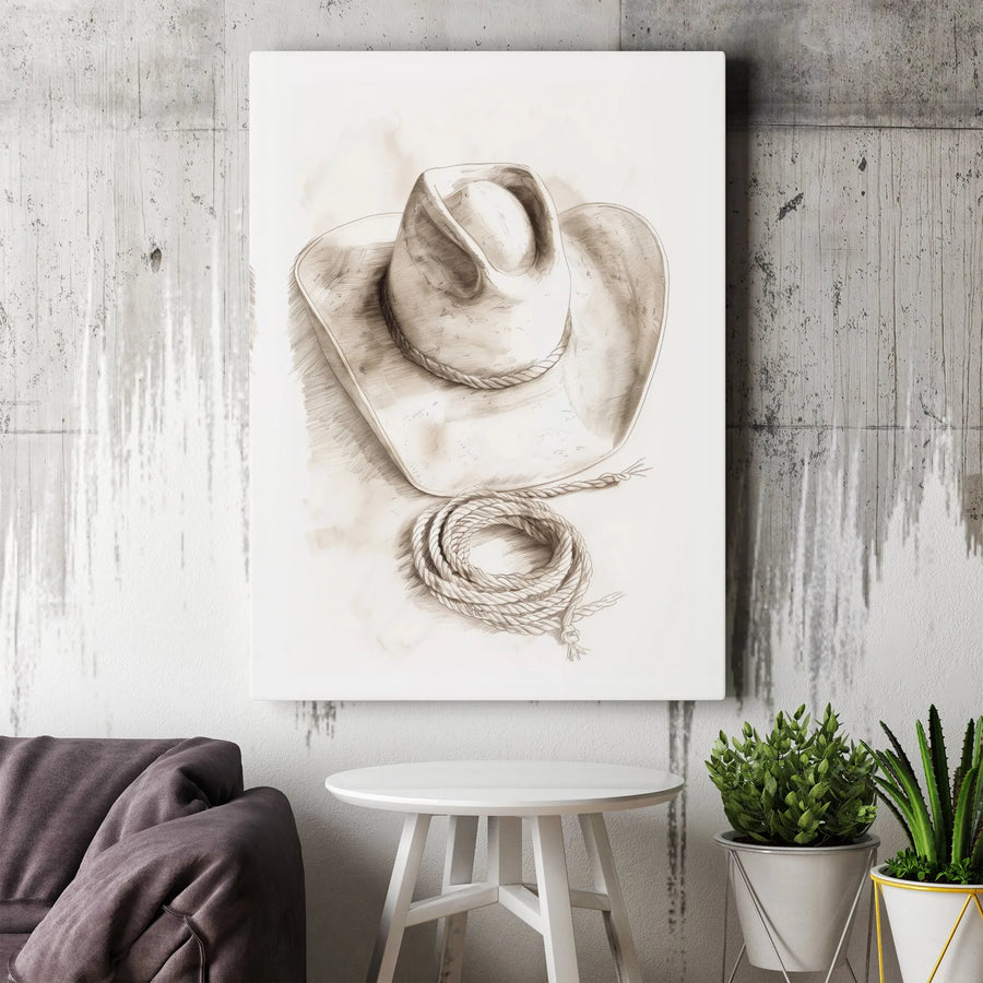 Western Cowboy Hat Canvas Print | Rustic Lasso Sketch Wall Art | Premium 1.25-inch Gallery Wrap | Farmhouse Decor Gift for Men