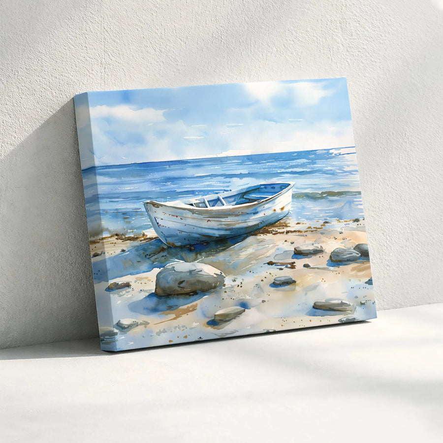 Coastal Rowboat Canvas Wall Art | Serene Watercolor Seascape Print | Premium Gallery-Wrapped 1.25 Inch Profile | Beach House Decor Gift